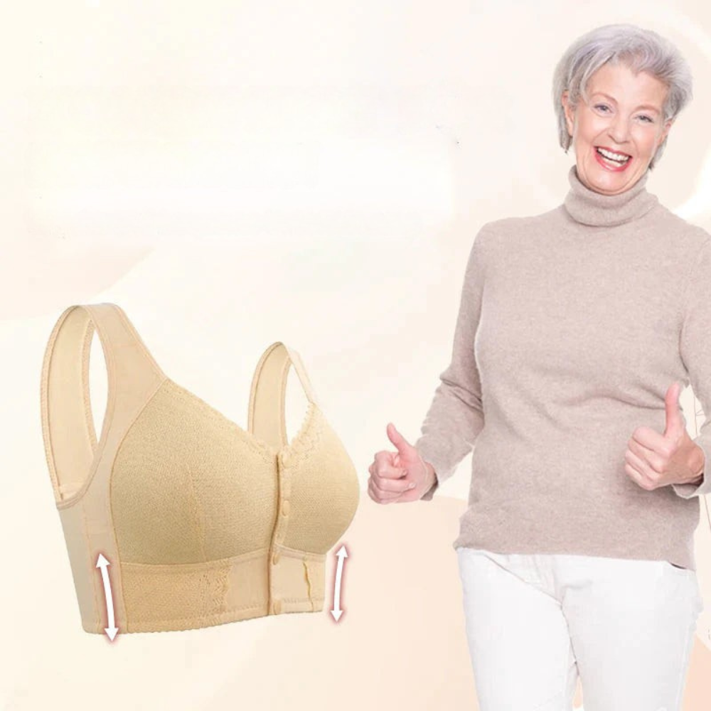 Women's wireless bra with molded cups, wide straps and front button closure