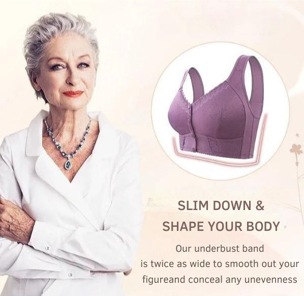 Women's wireless bra with molded cups, wide straps and front button closure