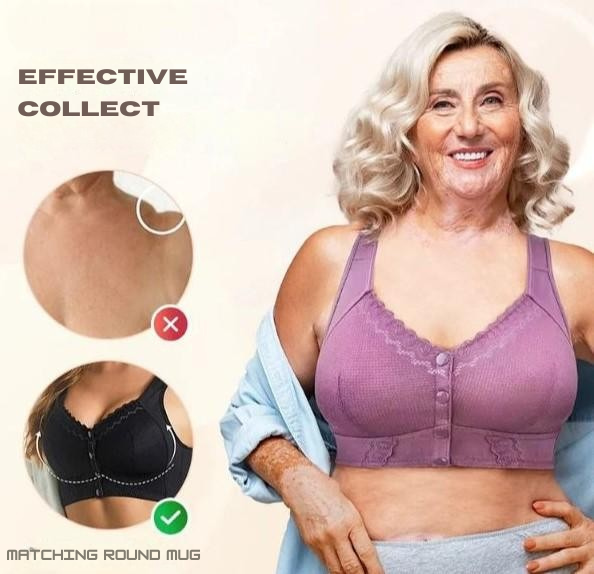 Women's wireless bra with molded cups, wide straps and front button closure