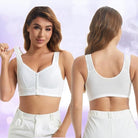 Women's wireless bra with molded cups, wide straps and front button closure