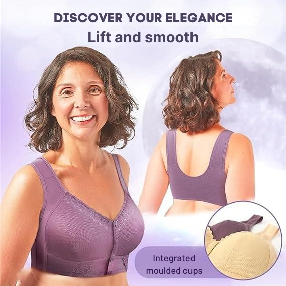 Women's wireless bra with molded cups, wide straps and front button closure