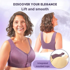 Women's wireless bra with molded cups, wide straps and front button closure