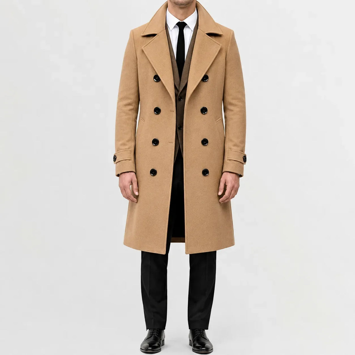 Men's long double-breasted trench coat with notched lapels and cuff tabs