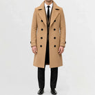 Men's long double-breasted trench coat with notched lapels and cuff tabs