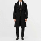 Men's long double-breasted trench coat with notched lapels and cuff tabs