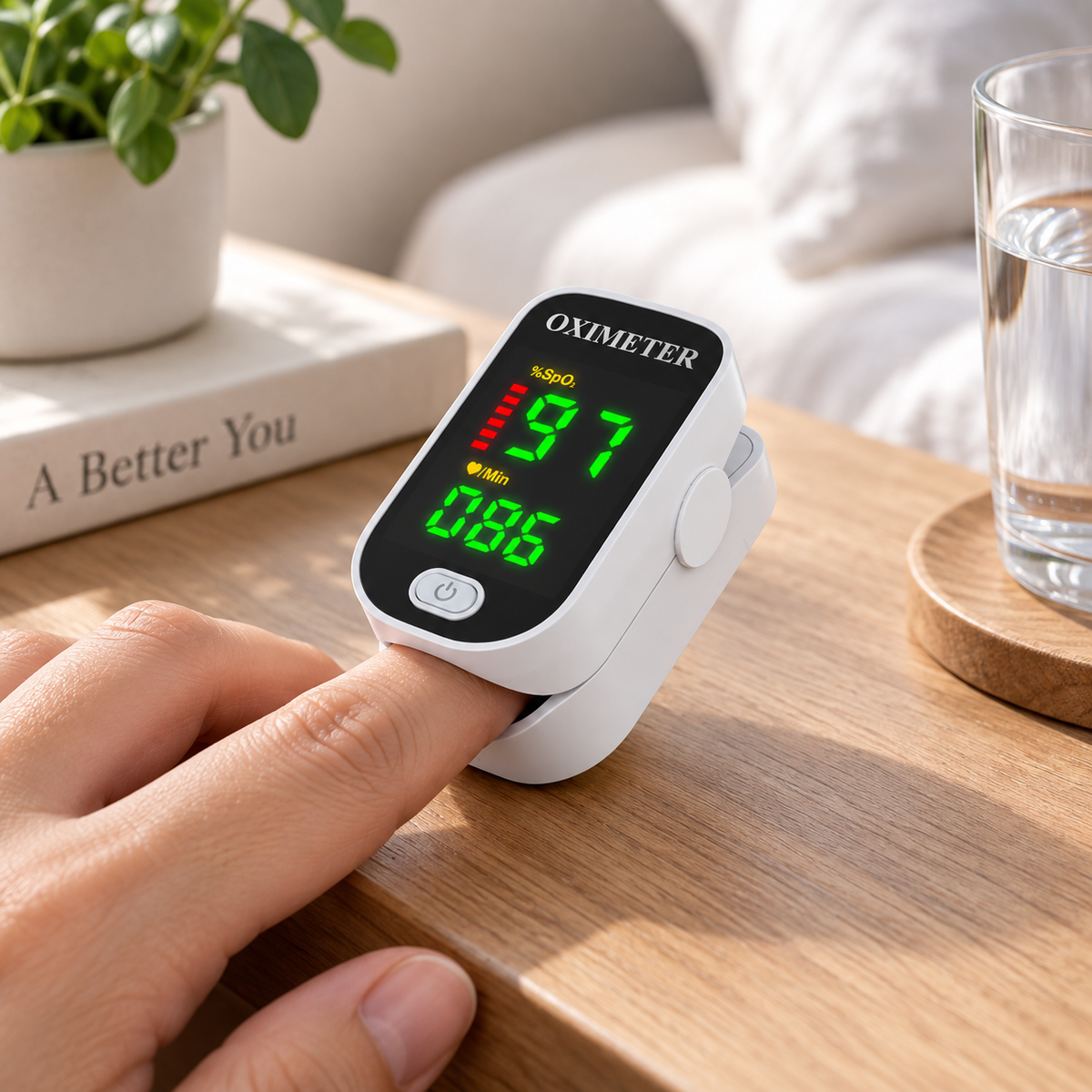 Finger pulse oximeter with illuminated LED display