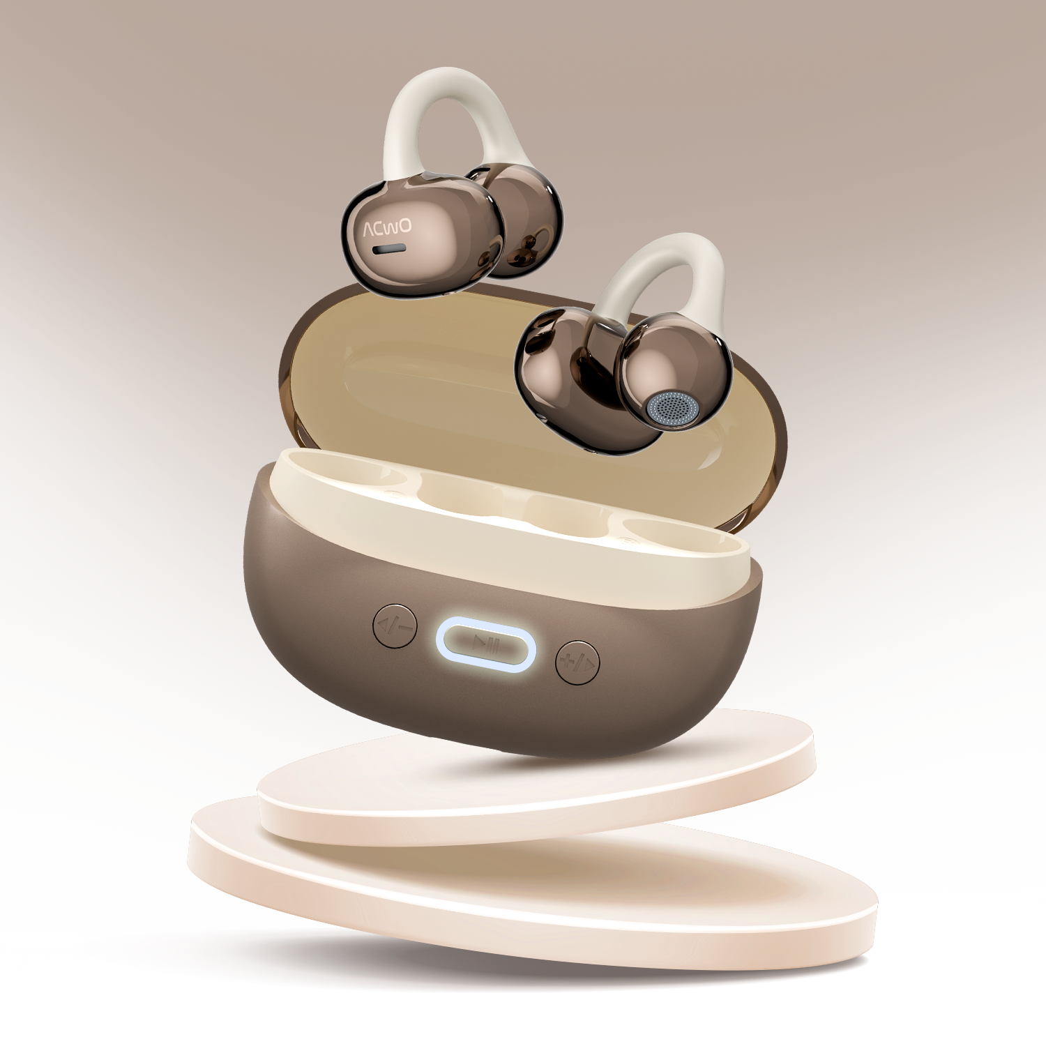 True wireless earbuds with open-ear hooks and carrying case