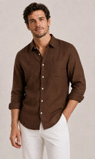 Men's long-sleeve casual V-neck button-front shirt with chest pocket