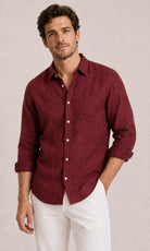 Men's long-sleeve casual V-neck button-front shirt with chest pocket