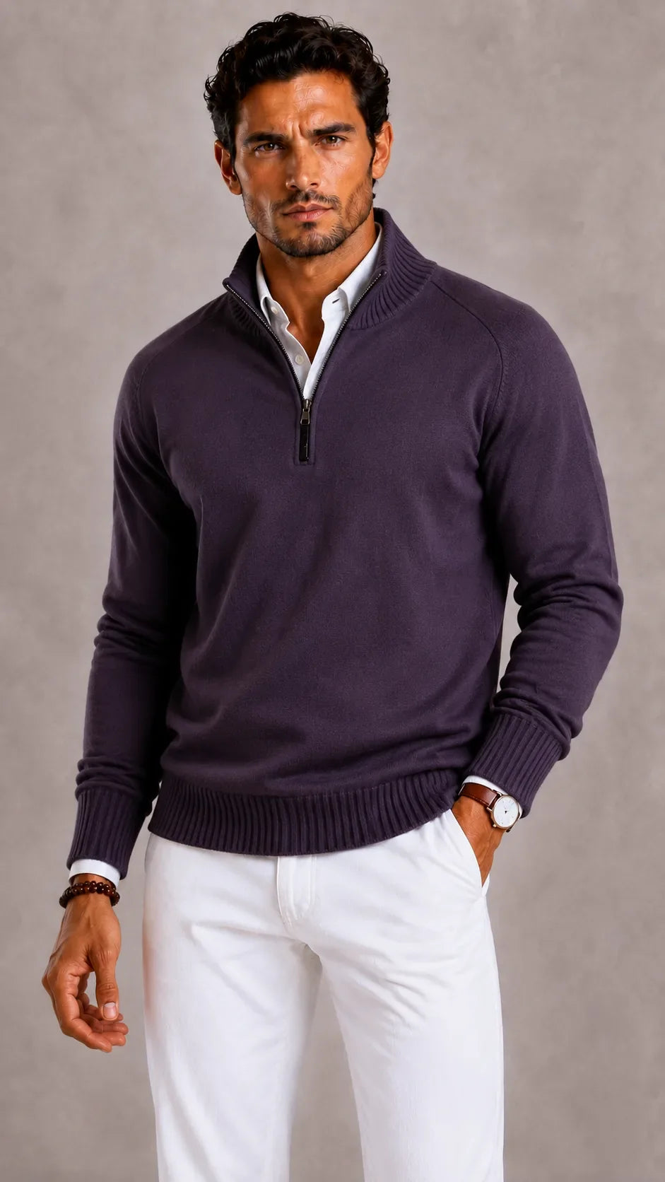 Men's quarter-zip turtleneck sweater with textured knit and ribbed trim
