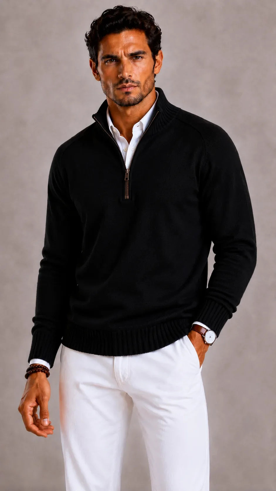 Men's quarter-zip turtleneck sweater with textured knit and ribbed trim