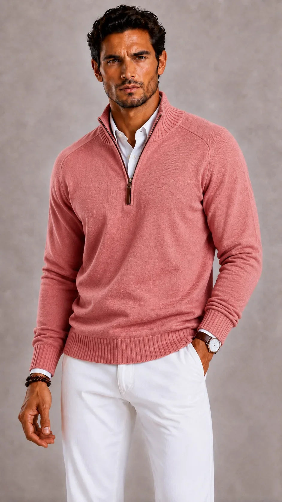 Men's quarter-zip turtleneck sweater with textured knit and ribbed trim