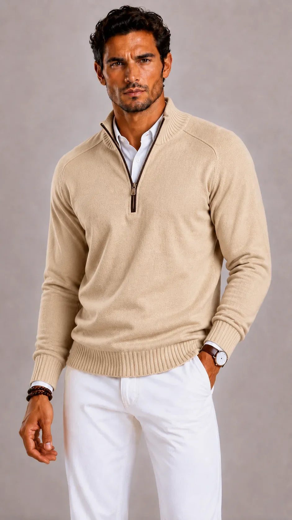Men's quarter-zip turtleneck sweater with textured knit and ribbed trim