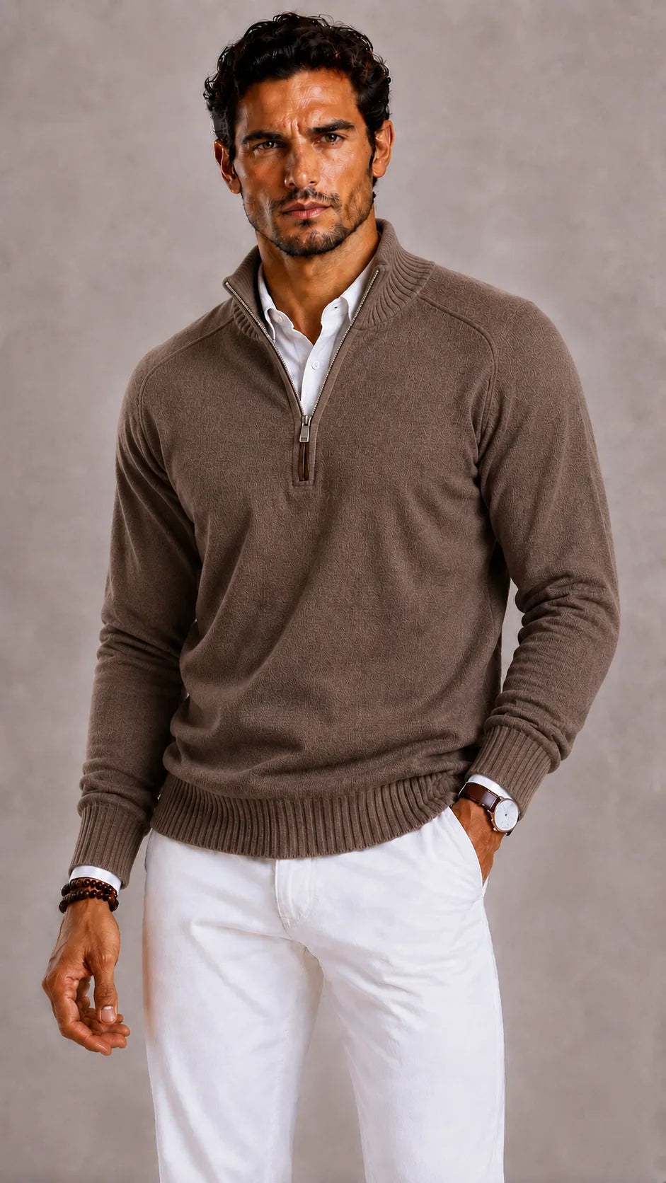 Men's quarter-zip turtleneck sweater with textured knit and ribbed trim