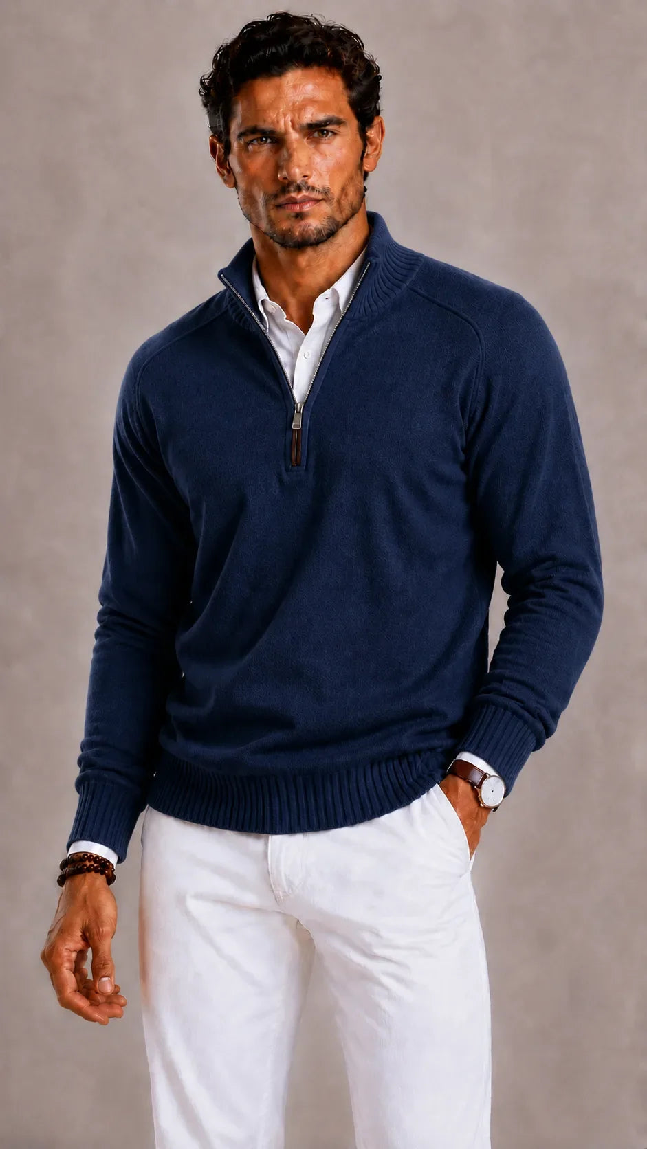 Men's quarter-zip turtleneck sweater with textured knit and ribbed trim