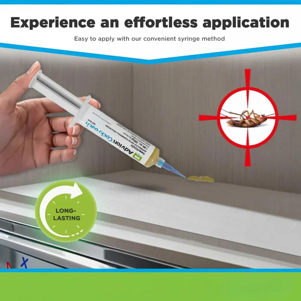 Cockroach gel bait syringe with blue nozzle applying yellow gel indoors