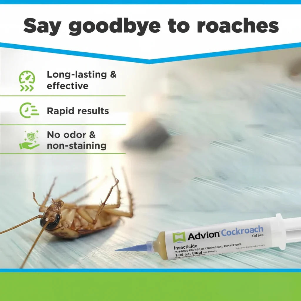 Cockroach gel bait syringe with blue nozzle applying yellow gel indoors