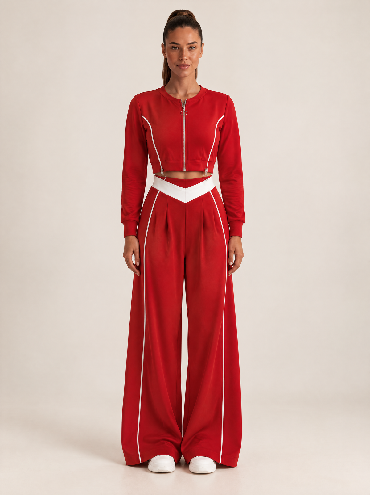 Women's three-piece coordinated set with cropped jacket, crop top and wide-leg pants