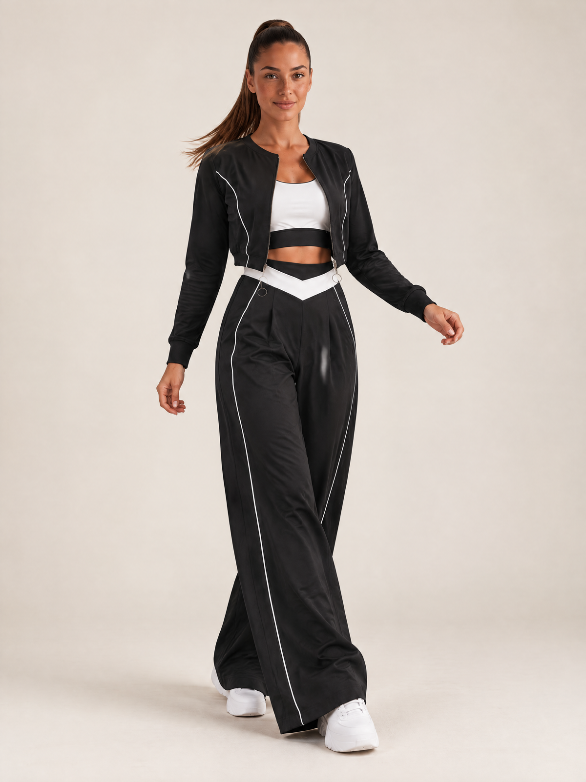 Women's three-piece coordinated set with cropped jacket, crop top and wide-leg pants