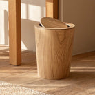 Brown timber-style rotating waste bin with pivoting lid