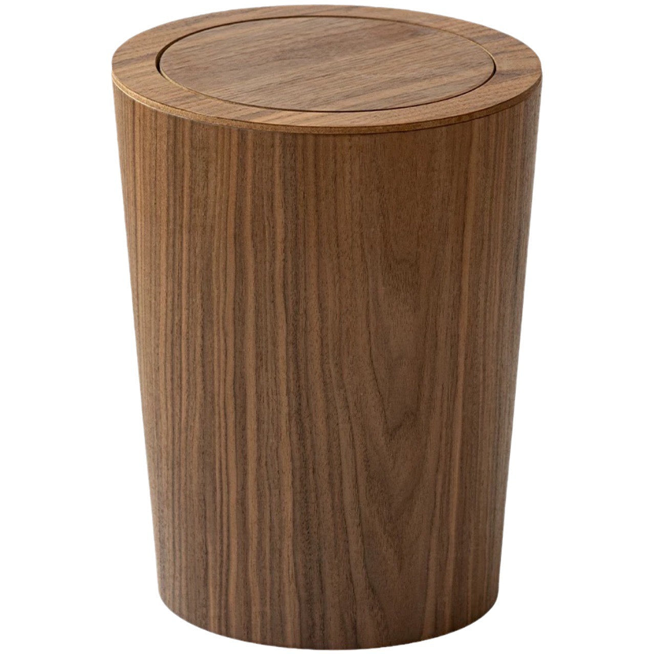 Brown timber-style rotating waste bin with pivoting lid