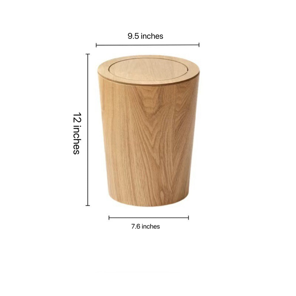 Brown timber-style rotating waste bin with pivoting lid