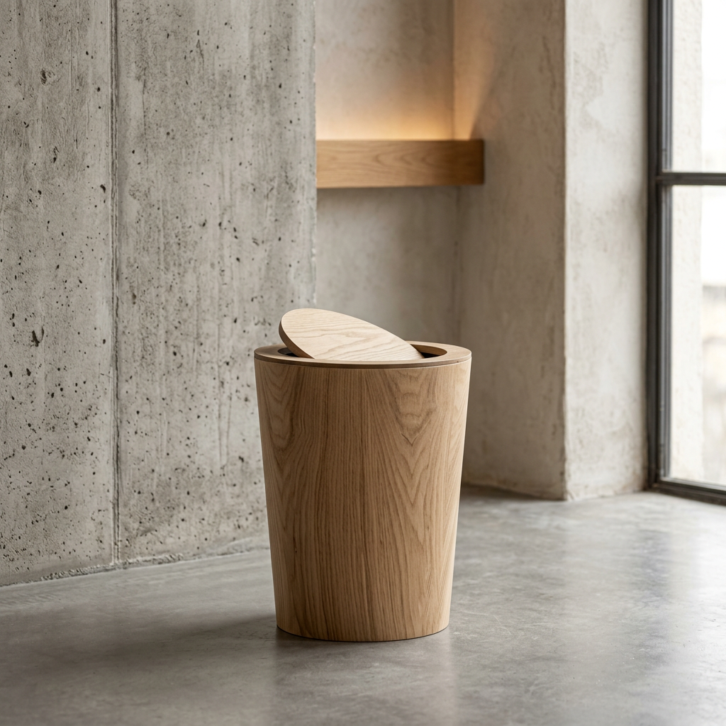 Brown timber-style rotating waste bin with pivoting lid