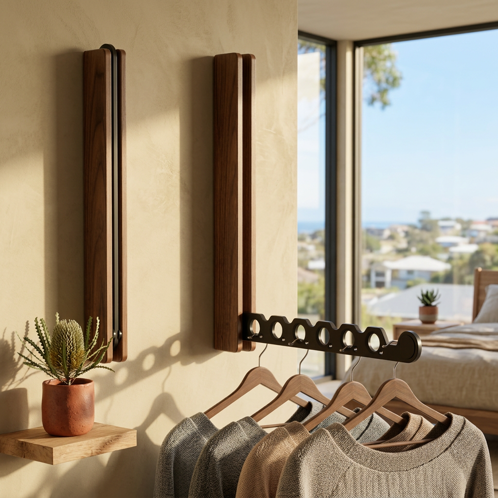 Collapsible wall-mounted hanger rail with timber-look frame and folding metal hooks