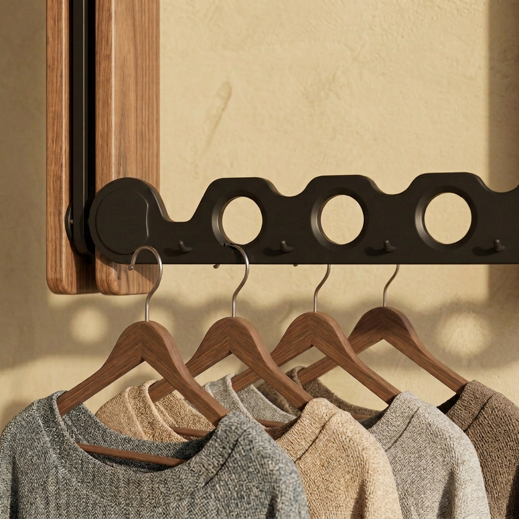 Collapsible wall-mounted hanger rail with timber-look frame and folding metal hooks