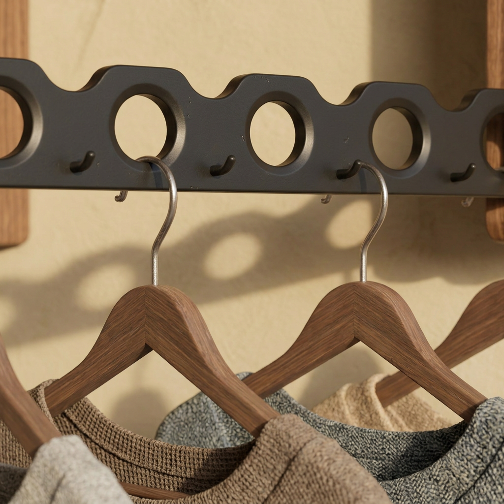 Collapsible wall-mounted hanger rail with timber-look frame and folding metal hooks