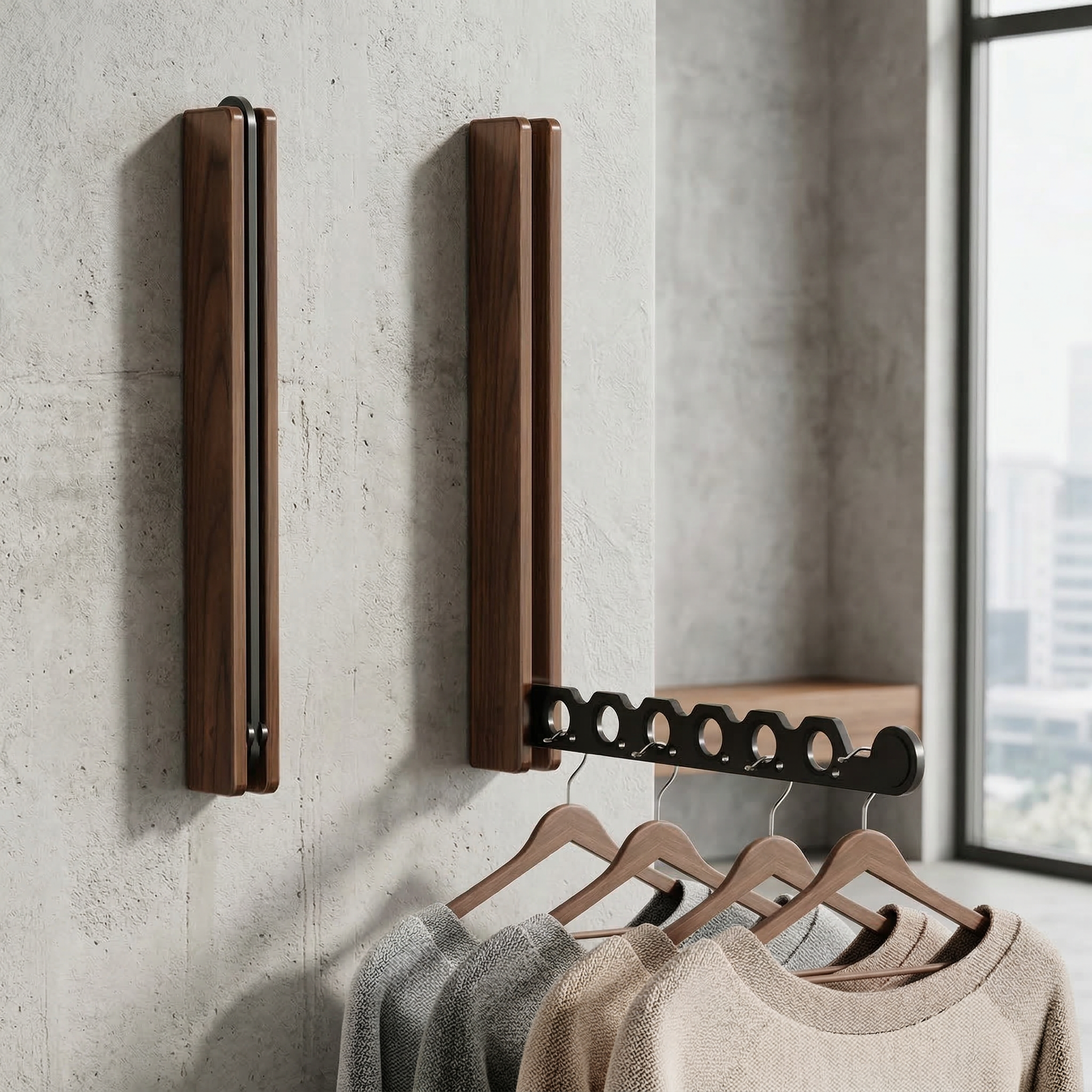 Collapsible wall-mounted hanger rail with timber-look frame and folding metal hooks