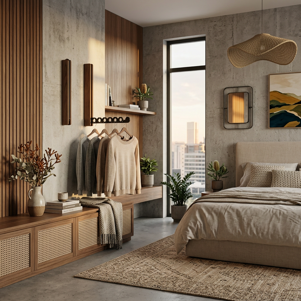 Collapsible wall-mounted hanger rail with timber-look frame and folding metal hooks