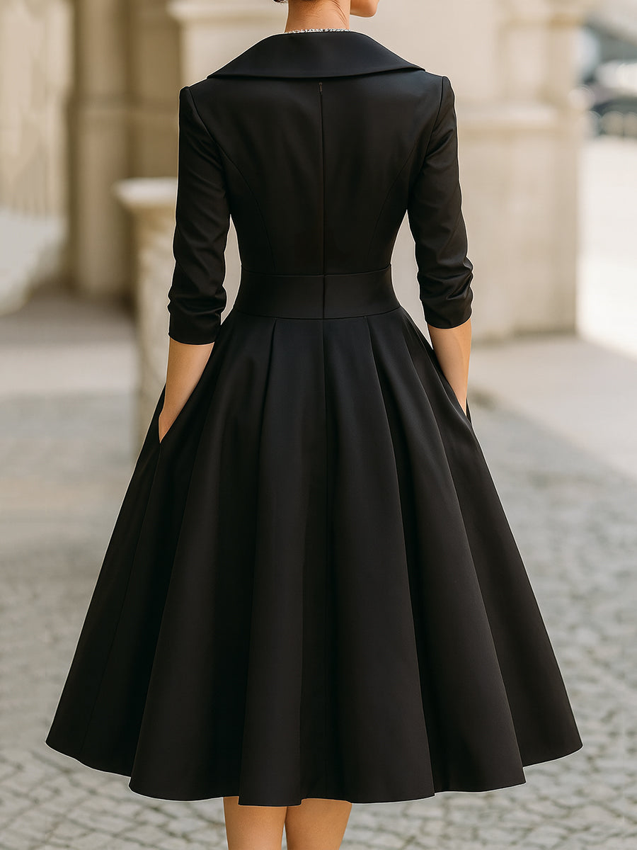 Women's wrap A-line midi dress with long sleeves, full skirt and side pockets