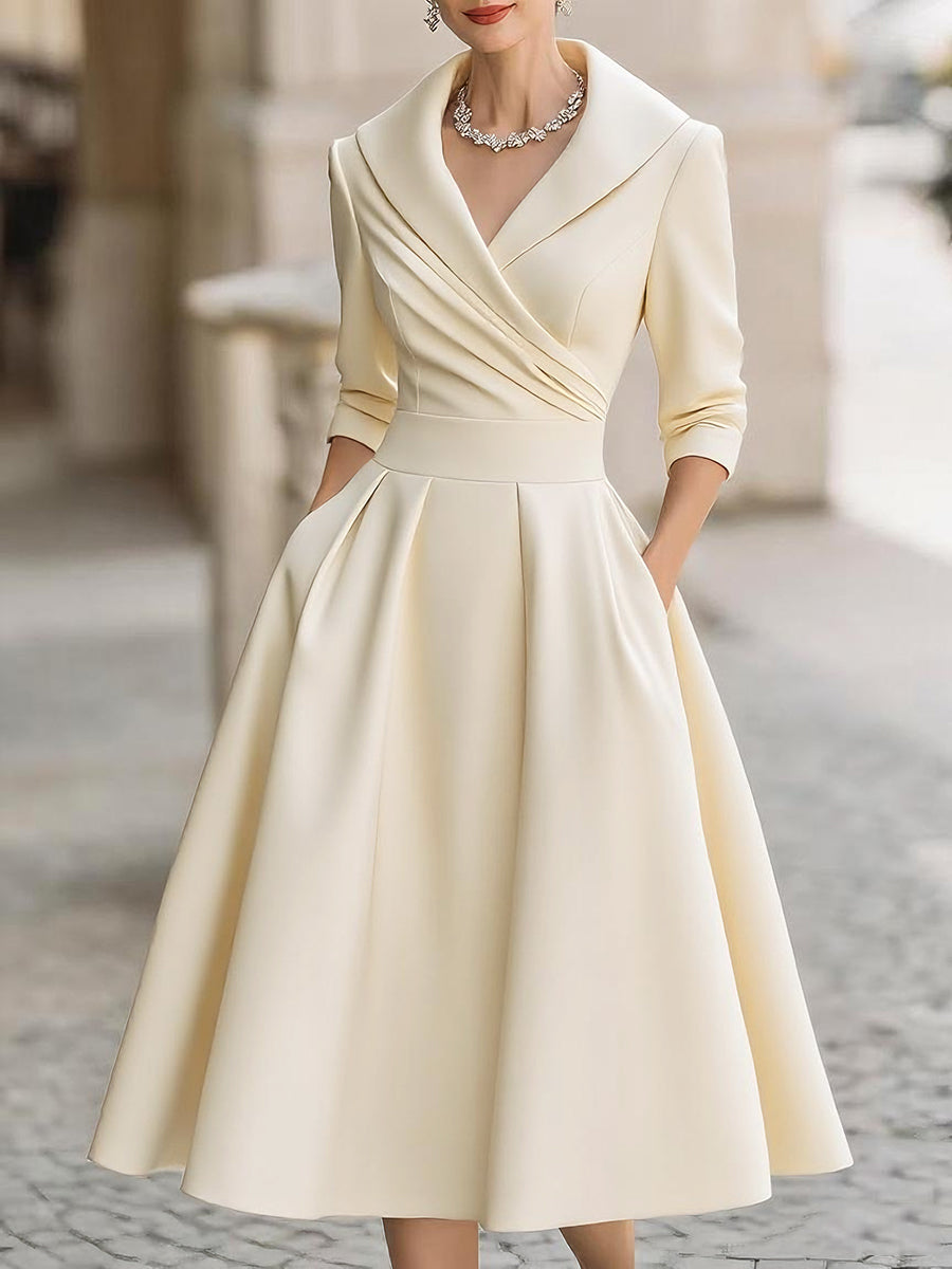 Women's wrap A-line midi dress with long sleeves, full skirt and side pockets