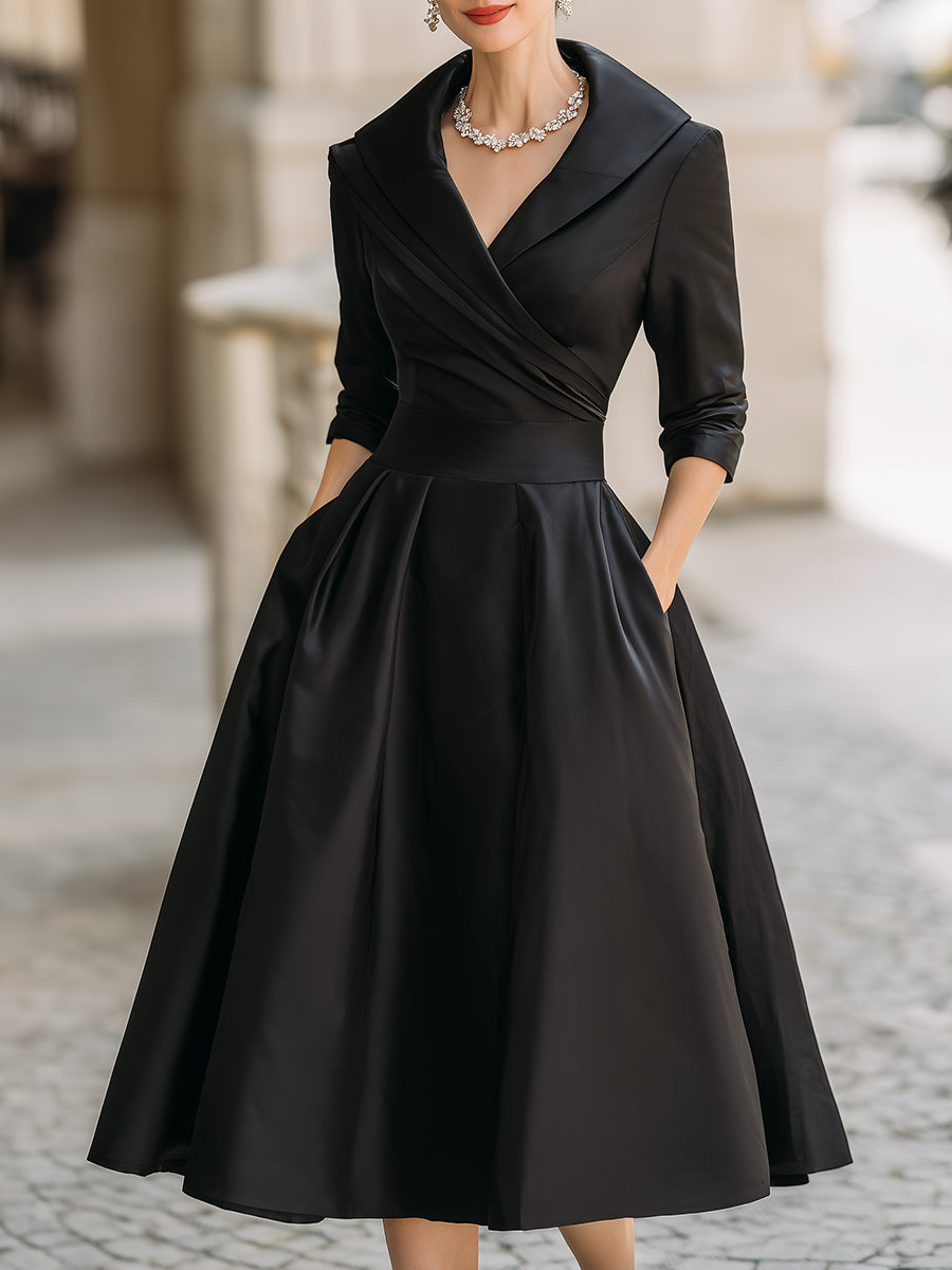 Women's wrap A-line midi dress with long sleeves, full skirt and side pockets