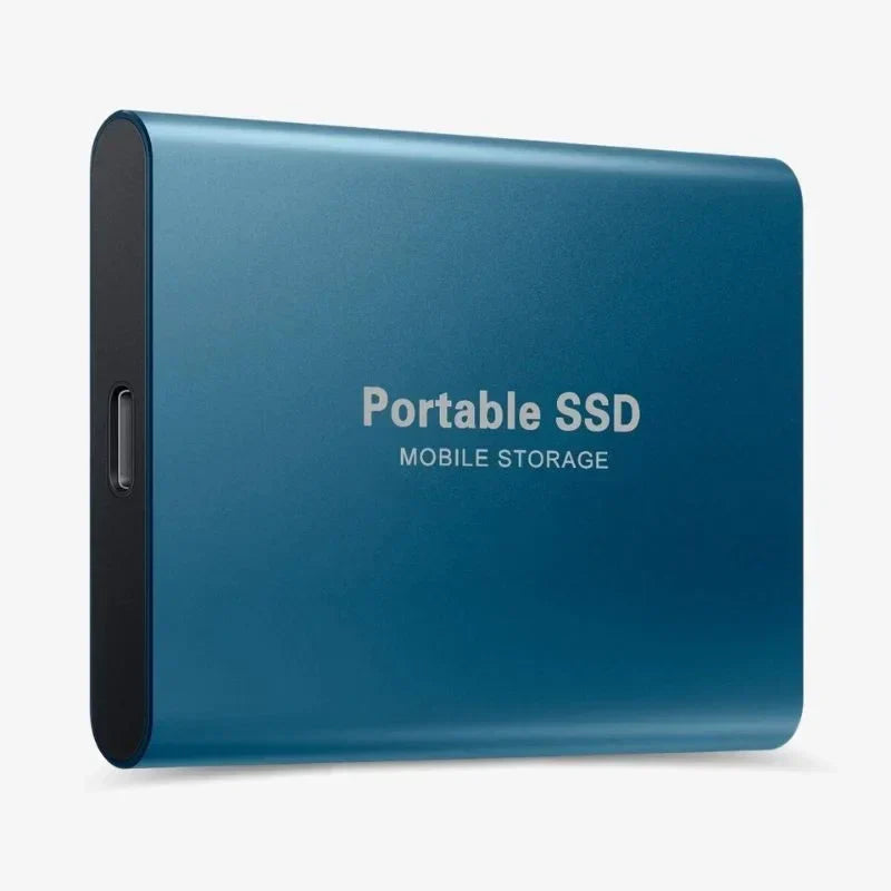 Portable SSD connected to a laptop by USB cable