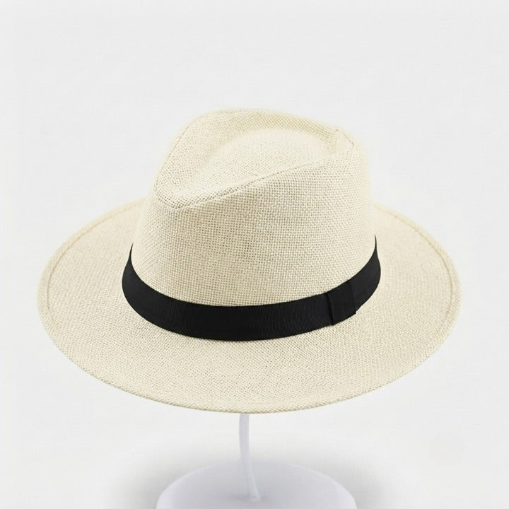 Handwoven straw fedora hat with a wide brim and contrasting band
