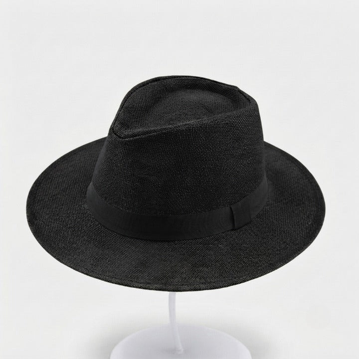 Handwoven straw fedora hat with a wide brim and contrasting band