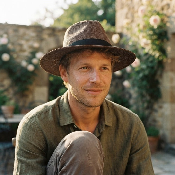 Handwoven straw fedora hat with a wide brim and contrasting band