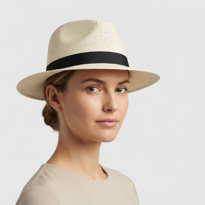 Handwoven straw fedora hat with a wide brim and contrasting band