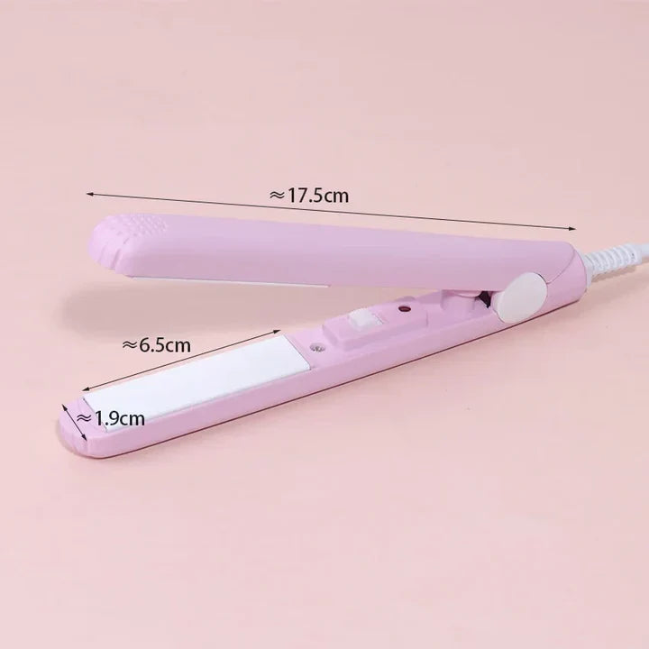 Compact mini hair straightener and curling iron in blue and pink