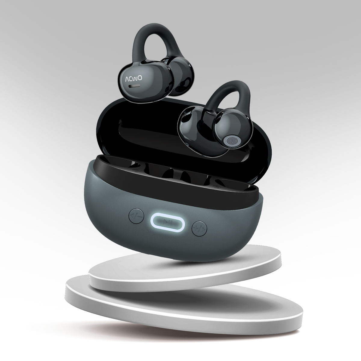 True wireless earbuds with open-ear hooks and carrying case