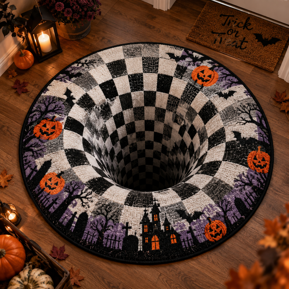 Round Halloween 3D illusion area rug with bold geometric pattern