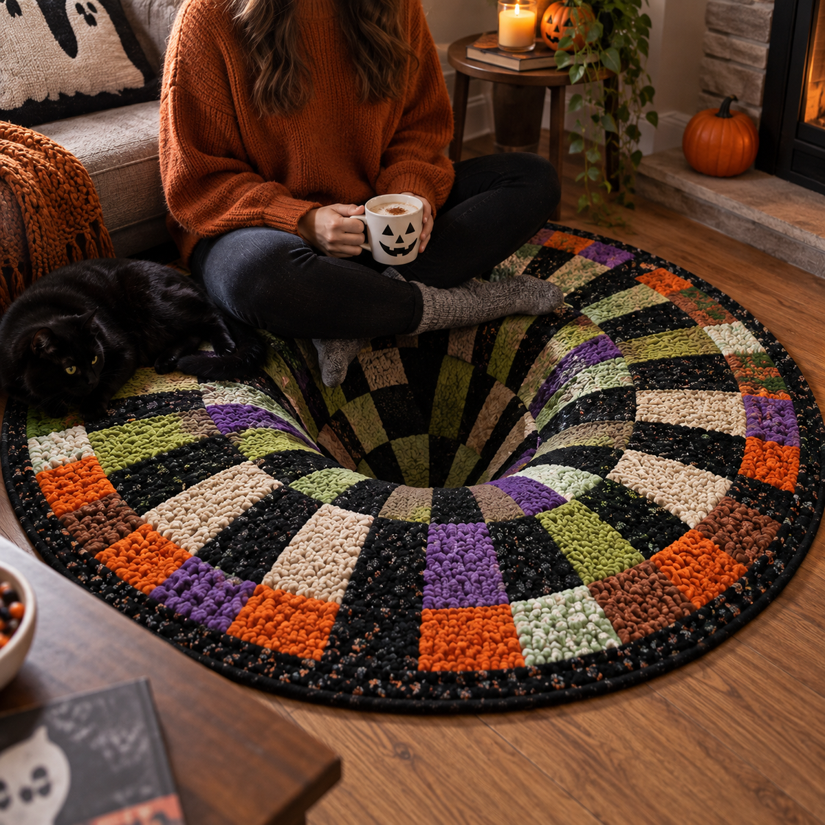 Round Halloween 3D illusion area rug with bold geometric pattern