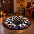Round Halloween 3D illusion area rug with bold geometric pattern