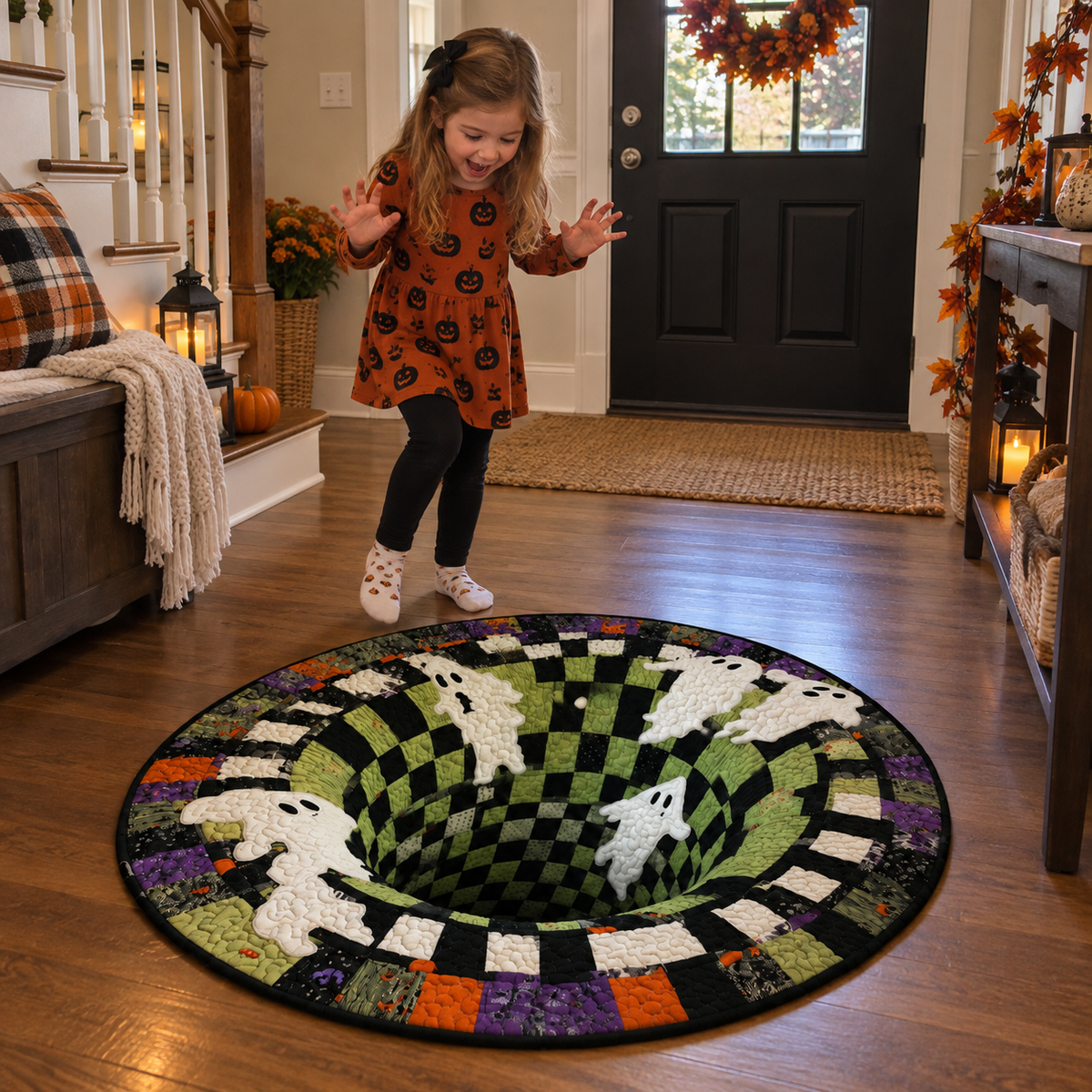 Round Halloween 3D illusion area rug with bold geometric pattern