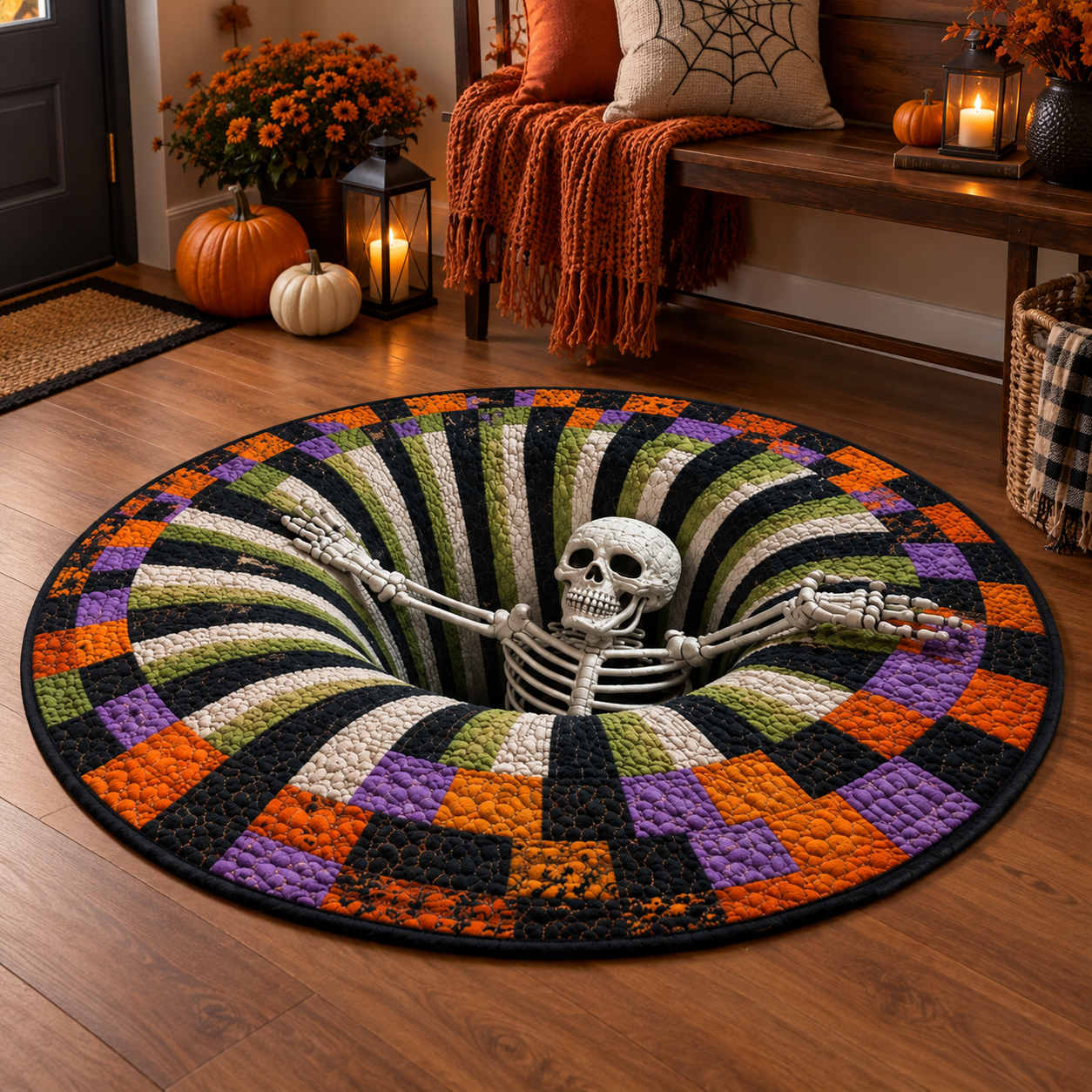 Round Halloween 3D illusion area rug with bold geometric pattern