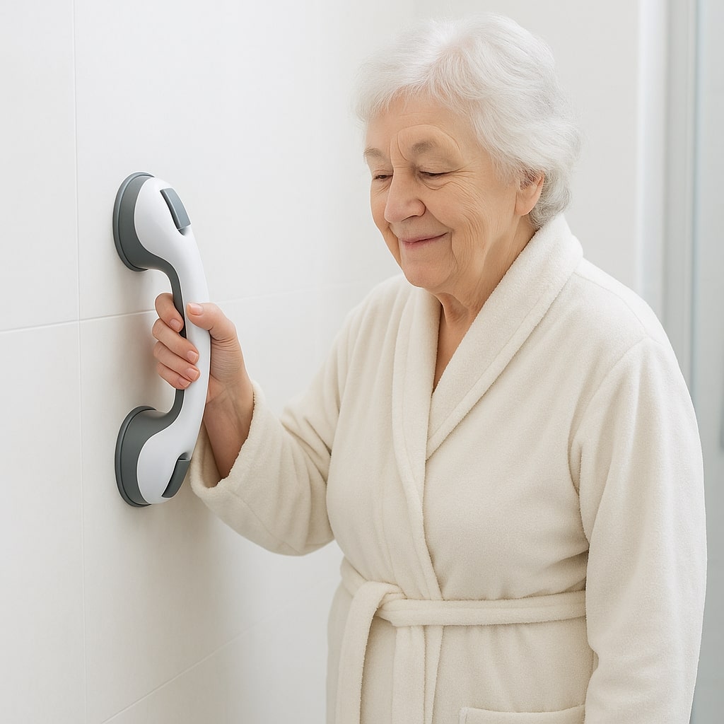 White and gray no-drill bathroom grab bar mounted on a tiled shower wall