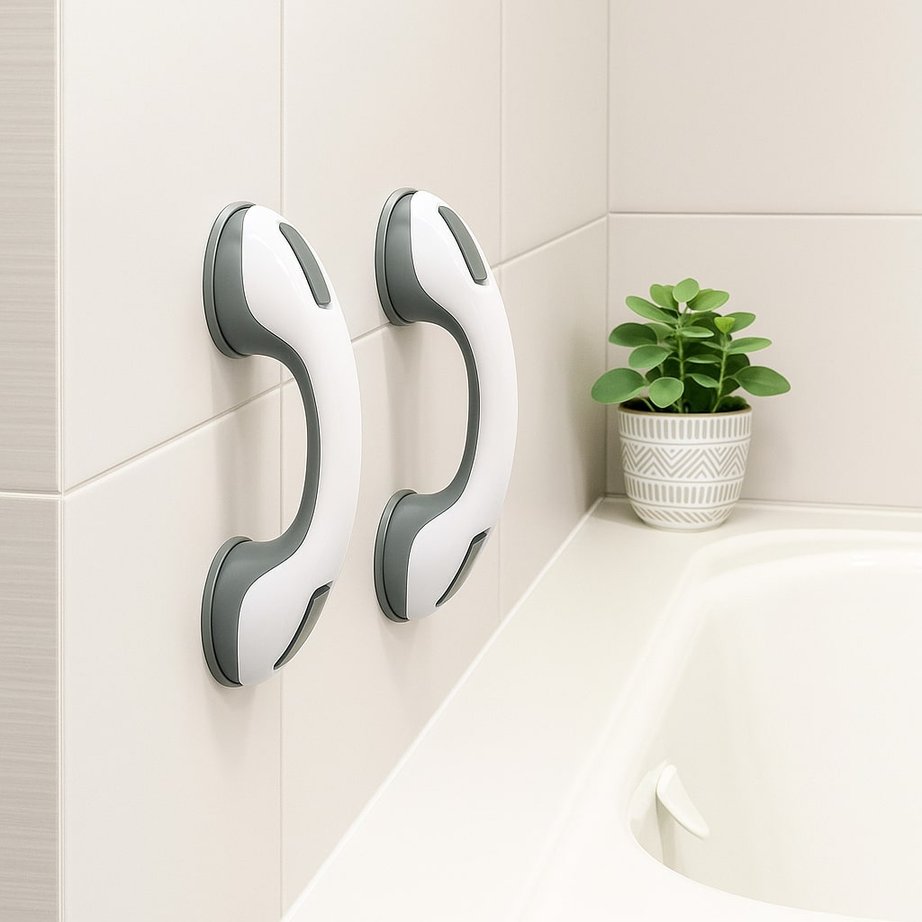 White and gray no-drill bathroom grab bar mounted on a tiled shower wall