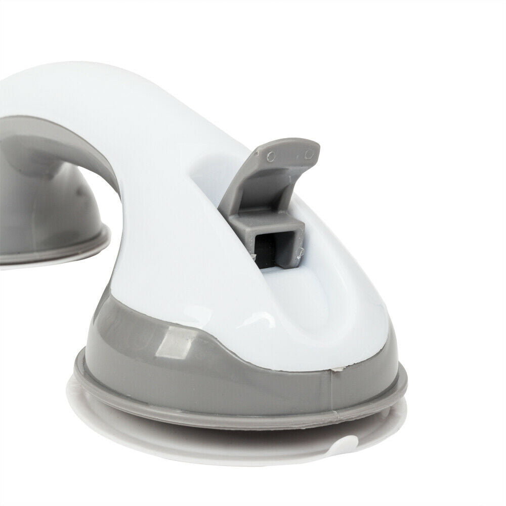 White and gray no-drill bathroom grab bar mounted on a tiled shower wall